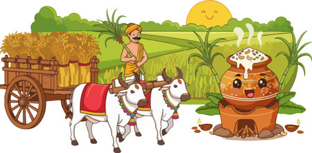 Illustration of a man riding a wooden cart with a cow and a pot of milkのイラスト素材