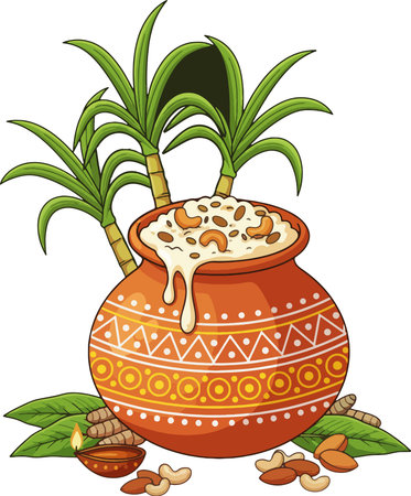 Illustration of a Pot with Pomegranate Seeds and Nutsのイラスト素材