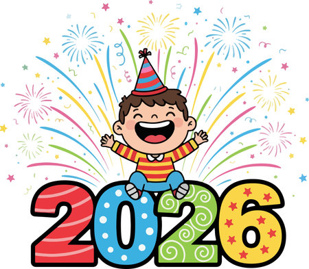 Happy New Year 2020 with a boy in a party hat. Vector illustrationのイラスト素材