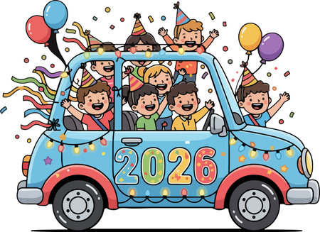 Illustration of Stickman Kids in a Car Celebrating New Yearのイラスト素材