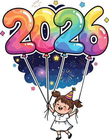 Illustration of a Cute Little Girl Holding a Balloon with the Number of the Year 2016のイラスト素材