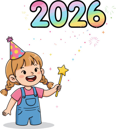 Happy New Year 2016 with cute girl holding a magic wand. Vector illustrationのイラスト素材