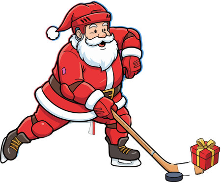 Illustration of Santa Claus playing hockey with a stick and a gift boxのイラスト素材