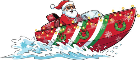 Santa Claus driving a speedboat with Christmas decorations. Vector illustration.のイラスト素材