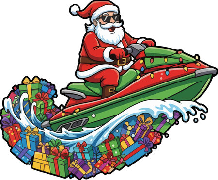 Santa Claus on a jet ski with gifts. Vector clip art illustration ready for vinyl cutting.のイラスト素材