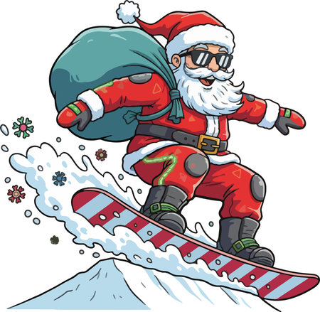 Illustration of Santa Claus Skiing with Snowboard on Top of Mountainのイラスト素材