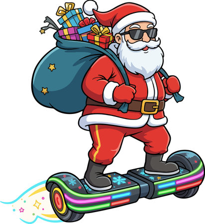 Illustration of Santa Claus Riding a Skateboard with a Bag of Giftsのイラスト素材