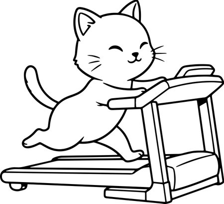 Black and White Cartoon Illustration of Cute Cat Running on Treadmill for Coloring Bookのイラスト素材