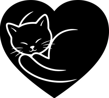 Cute cat in a heart shape. Black and white illustration.のイラスト素材
