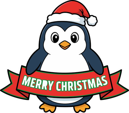 Penguin Cartoon Illustration with Merry Christmas text and Santa Hatのイラスト素材