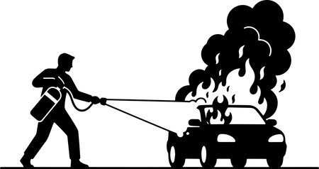 Man with a car extinguishing a fire on a white background.のイラスト素材