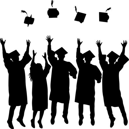 silhouette of students in graduation gowns and hats on white backgroundのイラスト素材