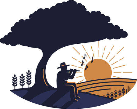 Illustration of a farmer playing the trumpet with sunburst in the background done in retro style.のイラスト素材