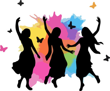 Silhouette of girls dancing on a colorful background. Vector illustration.のイラスト素材
