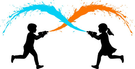 Children playing with paint splashes. Vector illustration for your design.のイラスト素材