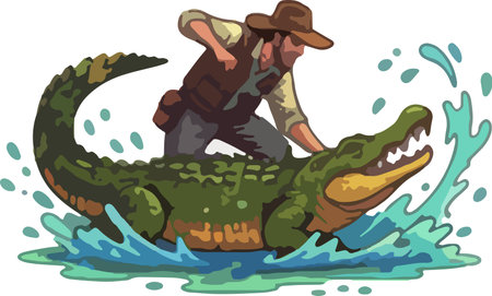 Illustration of a crocodile with a fisherman on a boat.のイラスト素材