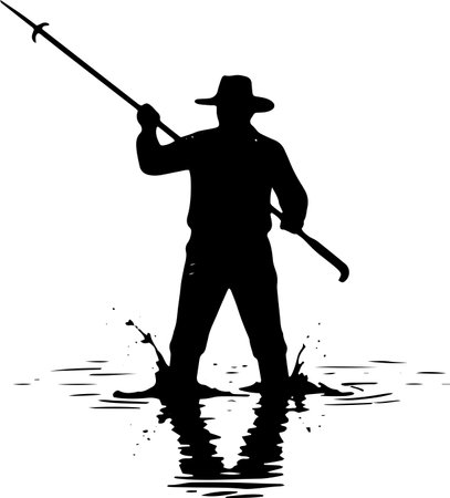 Fisherman with a fishing rod on water, vector illustration.のイラスト素材
