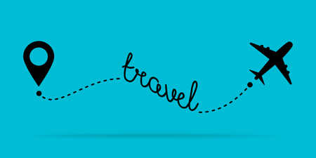 Airplane travel concept with map pins, GPS points. Line path icon. Flight start point concept or theme. Aircrafts and map pointer symbols vector illustrationのイラスト素材