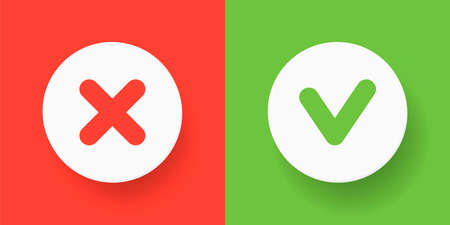 A set web buttons - green check mark and red cross. Vector flat illustrations.のイラスト素材