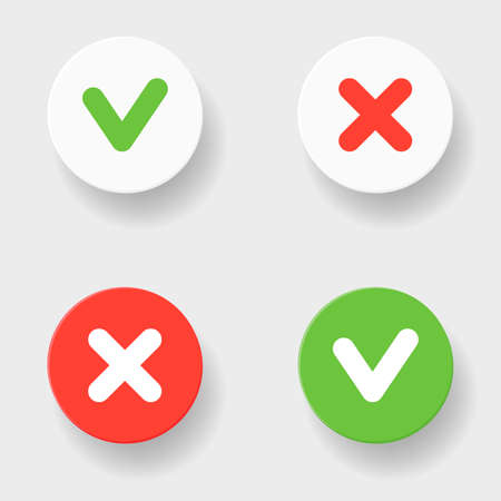 A set of four web buttons - green check mark and red cross in two variants. Vector flat illustrationのイラスト素材