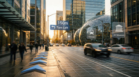 This image shows a futuristic city scene with digital overlays providing directions and points of interestの素材