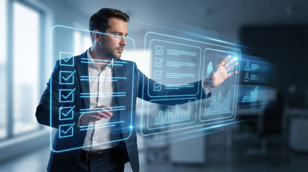 A man in a suit uses a virtual interface to analyze data and manage tasks in a modern office settingの素材