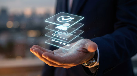 A hand holds a digital interface with icons representing business concepts like quality, people, and performanceの素材