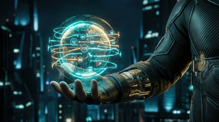 A person's hand cradle a digital globe, showcasing interconnected technology and global communicationの素材