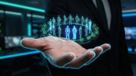 A man in a suit presents a digital representation of a business team, symbolizing collaboration and successの素材