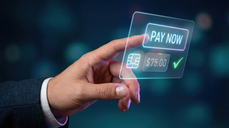 A hand interacts with a futuristic digital interface to authorize a payment transactionの素材