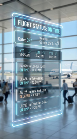 A futuristic flight information screen provides departure and arrival details for various destinations, including London and Tokyoの素材
