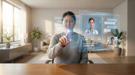 A woman uses a futuristic interface to consult with a doctor, showcasing telemedicine and digital healthcareの素材