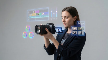 A woman holds a camera with a digital interface overlay, showing video editing tools and settingsの素材