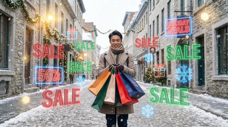 A smiling person holds shopping bags amidst festive decorations and sale signs during winterの素材