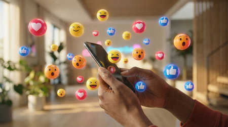 A person interacts with a mobile phone, surrounded by animated emoji reactions, in a bright, contemporary living spaceの素材