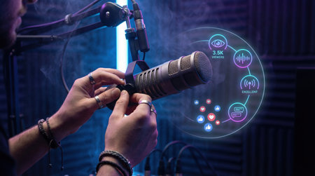 A person adjusts a microphone in a recording studio, with social media engagement icons in the backgroundの素材