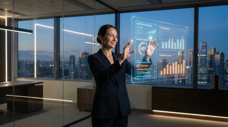A businesswoman uses a holographic interface to analyze data and make decisions in a modern office settingの素材