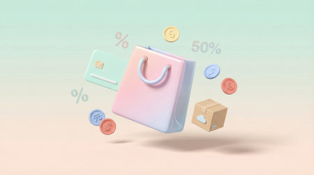 This illustration depicts online shopping with a credit card, shopping bag, coins, and a delivery boxの素材