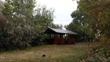 A gazebo to relax in the spring forestの写真素材