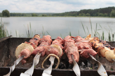 Man cooking marinated shashlik, lamb meat grilling on metal skewer, close up.の写真素材