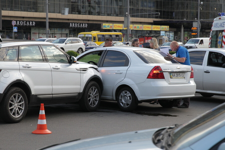 Collision of two cars in Victory Square in Kiev, Ukraine, July 3, 2017のeditorial素材