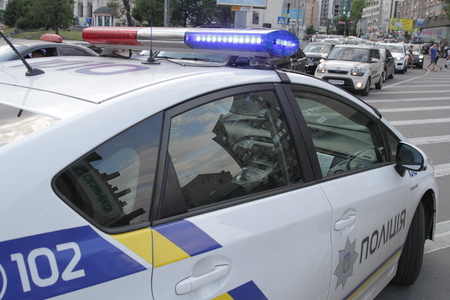 Collision of two cars in Victory Square in Kiev, Ukraine, July 3, 2017のeditorial素材