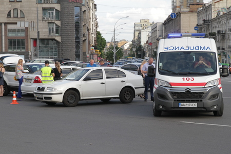 Collision of two cars in Victory Square in Kiev, Ukraine, July 3, 2017.のeditorial素材