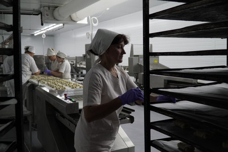 Production of bakery products in a bakery. The baker kneads the dough for baking buns.