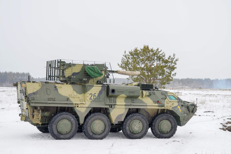 Kharkiv, Ukrainian-Russian border, Ukraine - February 2022: The Ukrainian army conducts exercises...