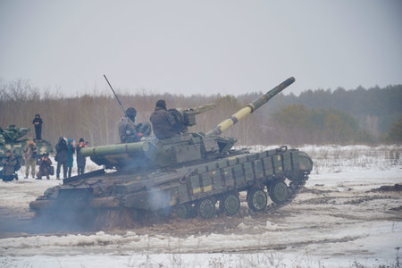 Kharkiv, Ukrainian-Russian border, Ukraine - February 2022: The Ukrainian army conducts exercises...