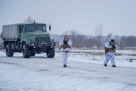 Kharkiv, Ukrainian-Russian border, Ukraine - February 2022: The Ukrainian army conducts exercises...