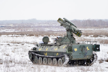 Kharkiv, Ukrainian-Russian border, Ukraine - February 2022: The Ukrainian army conducts exercises...