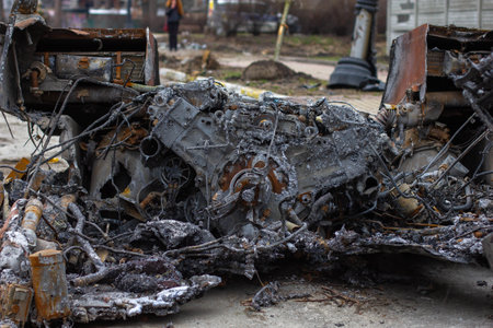 Bucha, Kyiv region, Ukraine - April 5, 2022: War between Russia and Ukraine. Consequences of the war, wrecked military equipment of the Russian army. Remains of military equipment.のeditorial素材