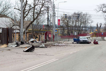 Gostomel, Kyiv region, Ukraine - 5 April 2022: War between Russia and Ukraine. The consequences of the war, the cars of civilians shot by the Russian army. Explosion-damaged cars and houses. ShapikMedia/Alexander Bordian/Stringerのeditorial素材